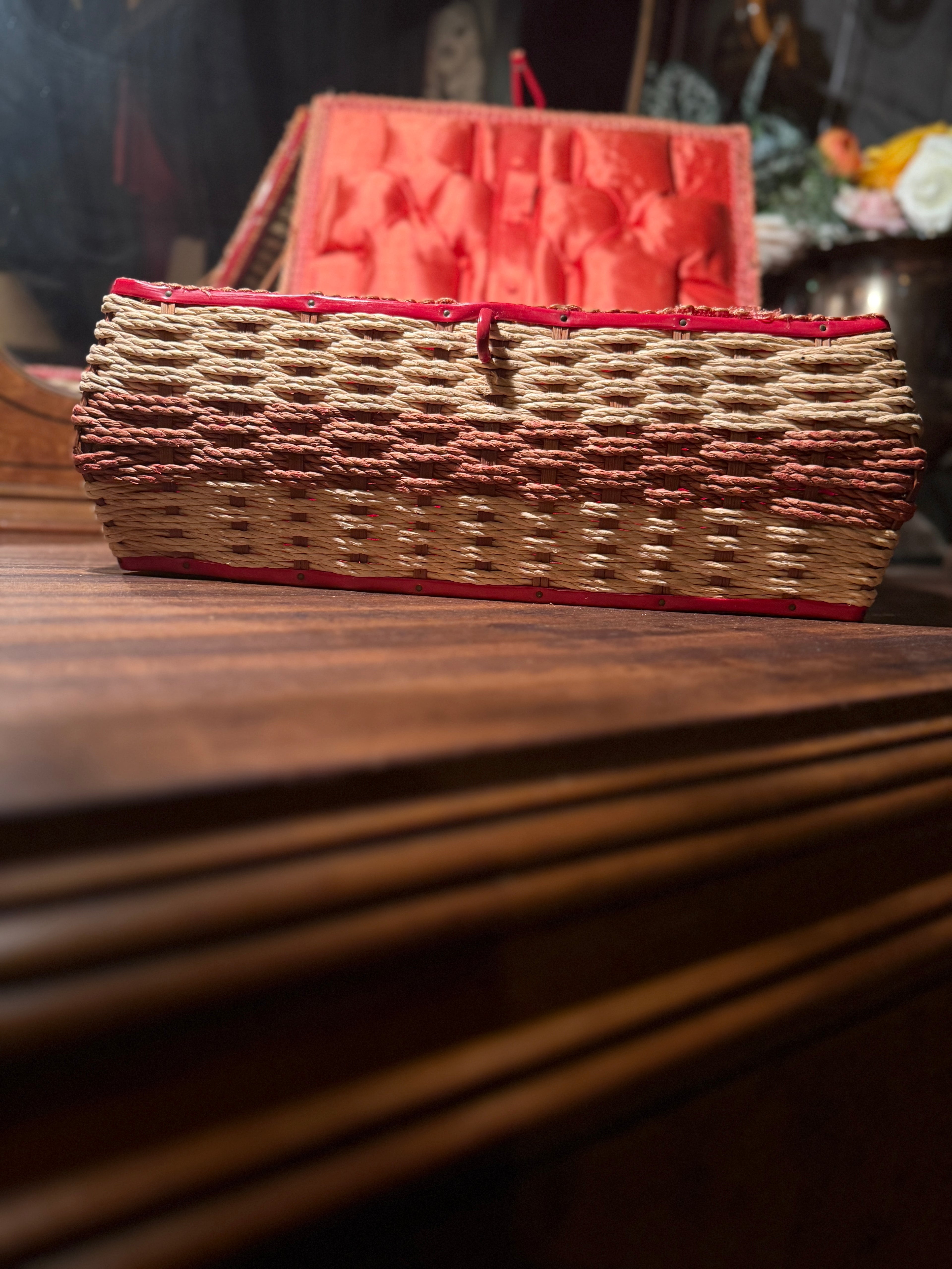 Early 20th-Century Woven Sewing Basket with Coral Satin Interior