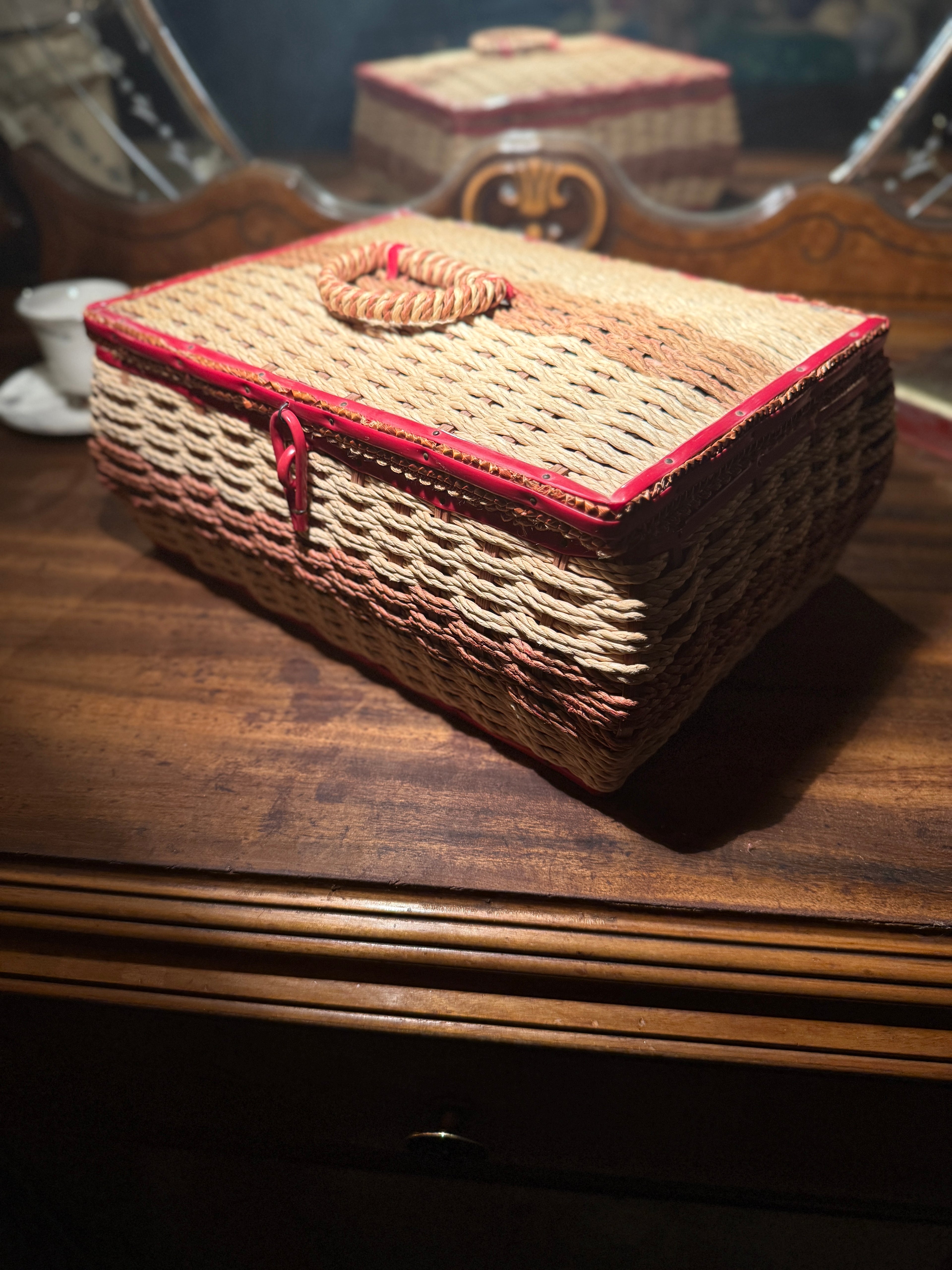 Early 20th-Century Woven Sewing Basket with Coral Satin Interior