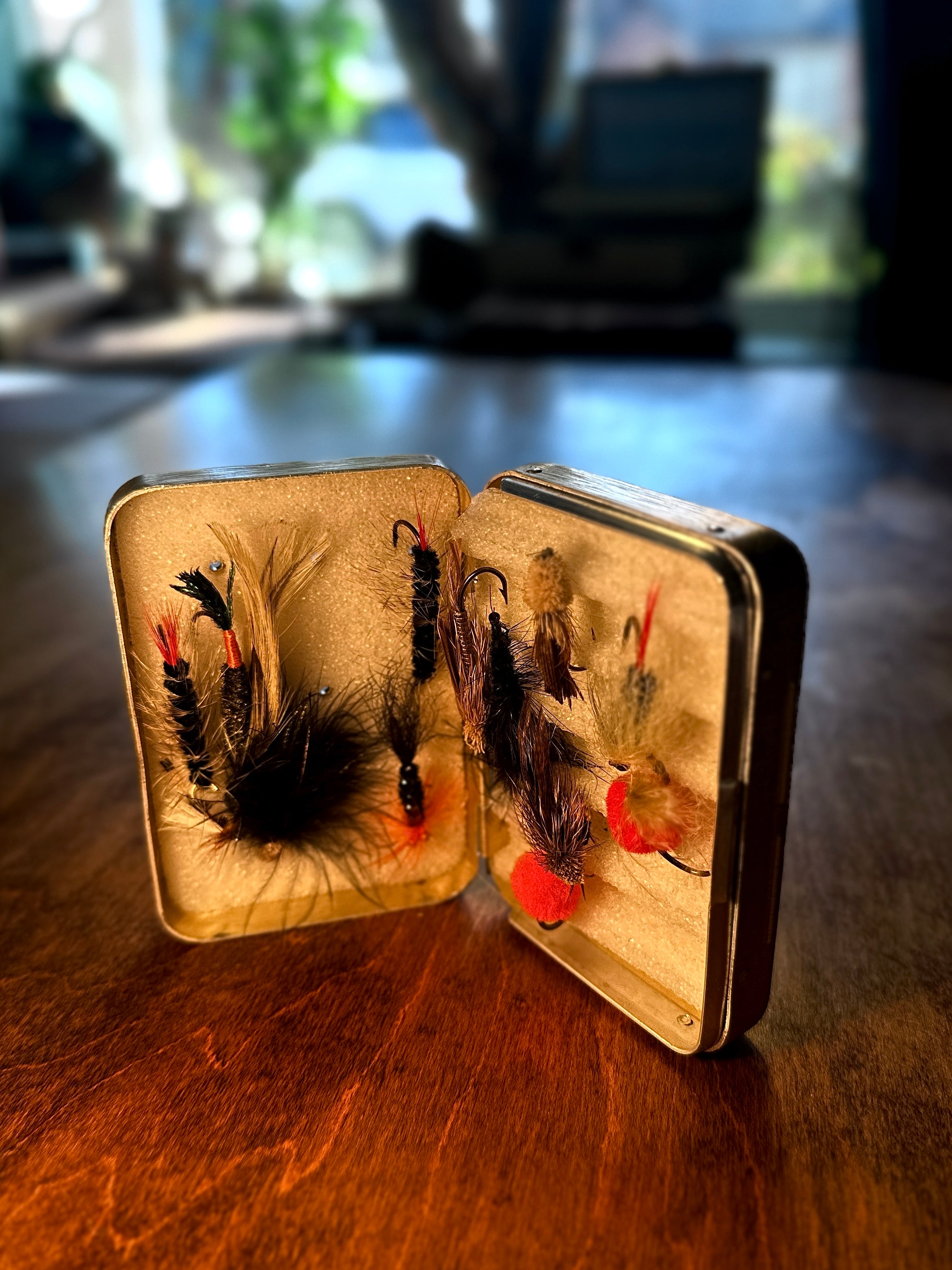 Vintage Perrine Fly Fishing Box with Hand-Tied Trout Flies, Aluminum Fly Box c. 1965
