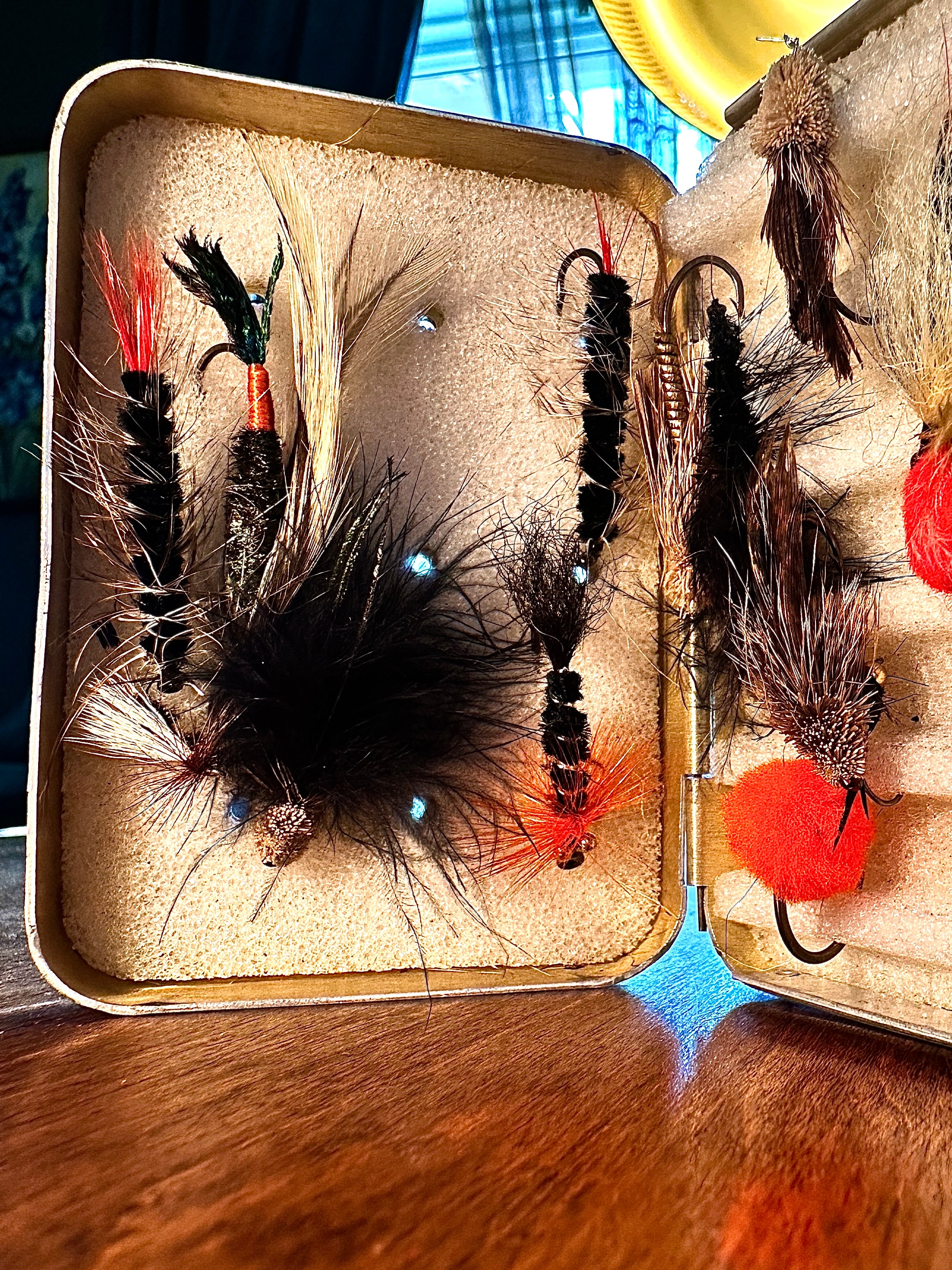 Vintage Perrine Fly Fishing Box with Hand-Tied Trout Flies, Aluminum Fly Box c. 1965