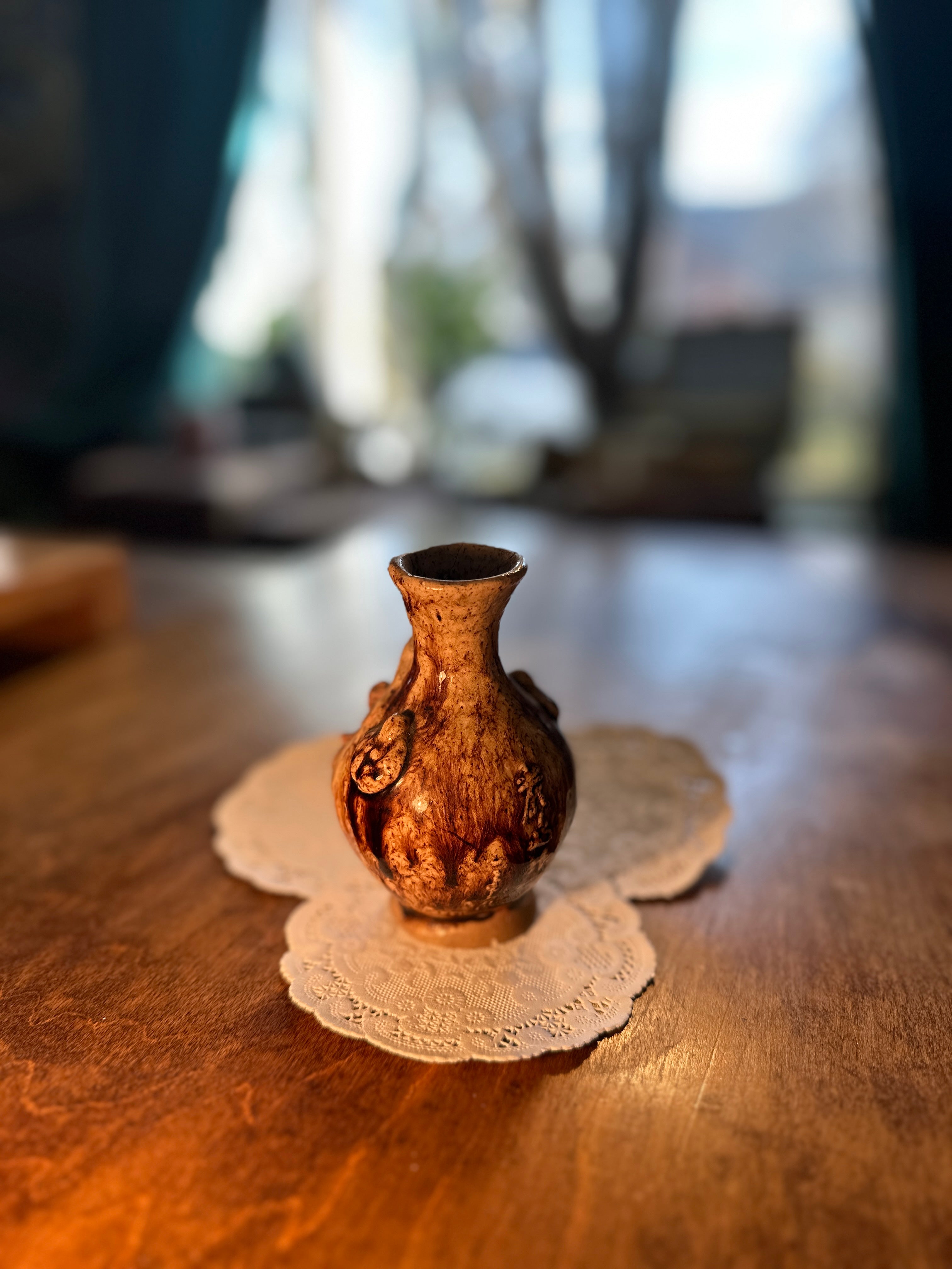Hand-Carved Relief Studio Pottery Miniature Landscape Vase, Asian Motif c.1960s