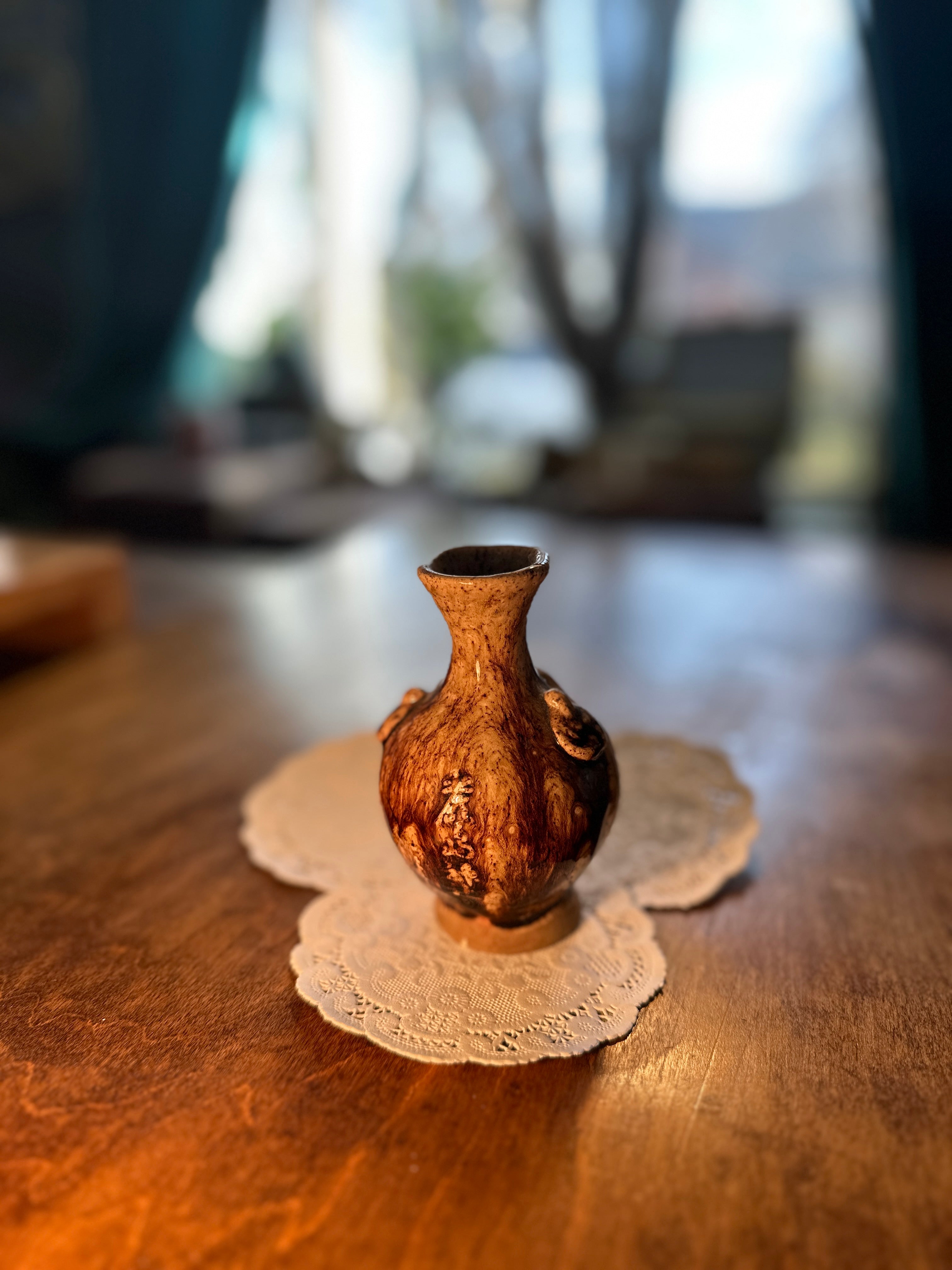 Hand-Carved Relief Studio Pottery Miniature Landscape Vase, Asian Motif c.1960s