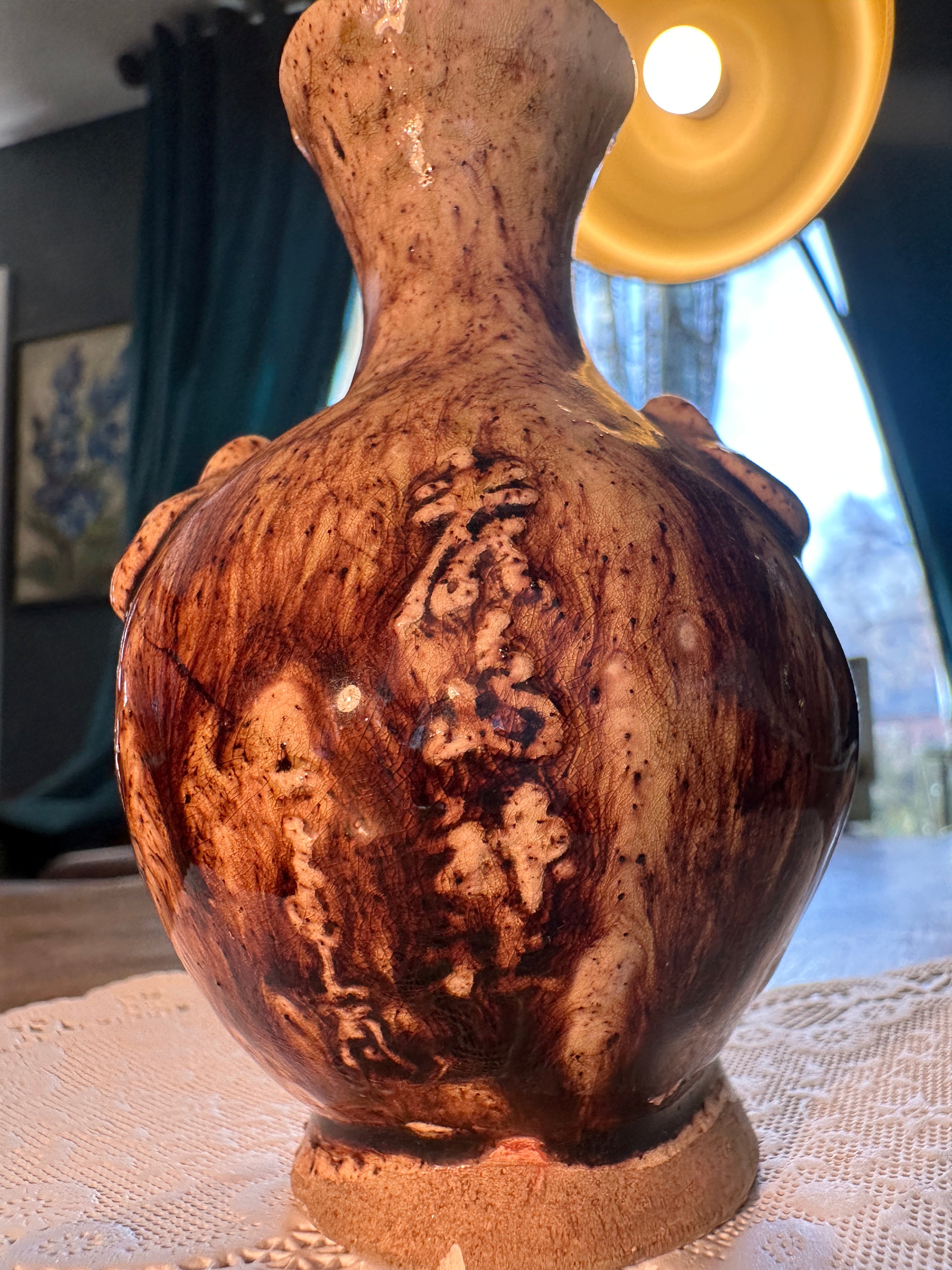 Hand-Carved Relief Studio Pottery Miniature Landscape Vase, Asian Motif c.1960s