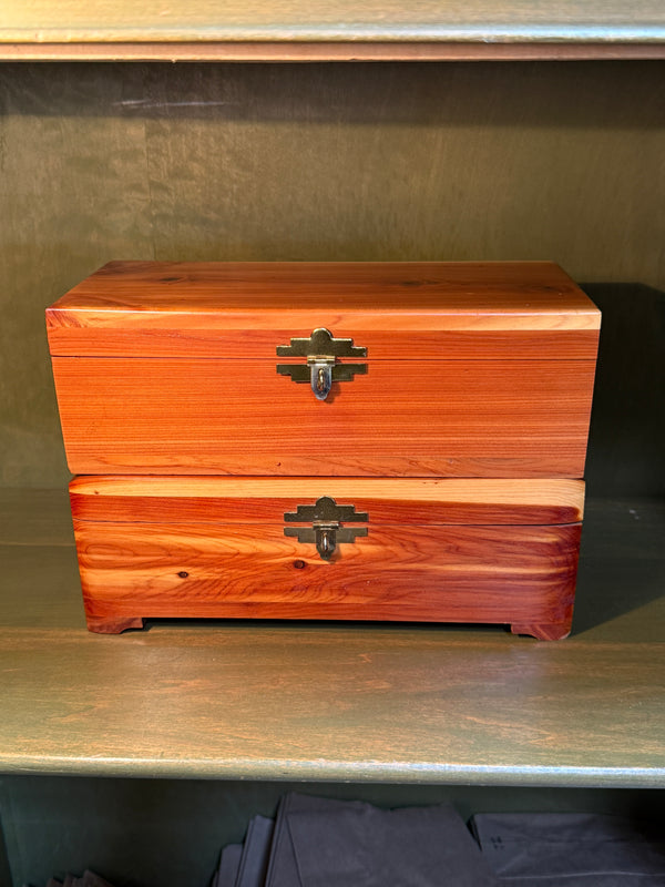 Pair of Handmade Aromatic Red Cedar Boxes with Stepped Brass Hasps and Shaped Bracket Feet, with Three Padlocks, c. 1980–2000