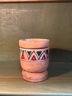 Turned Wood Lidded Canister with Hand-Painted Chevron Band in Red, Green and Black, Folk Woodenware, c. 1940–1960
