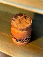 Turned Wood Lidded Canister with Hand-Painted Chevron Band in Red, Green and Black, Folk Woodenware, c. 1940–1960