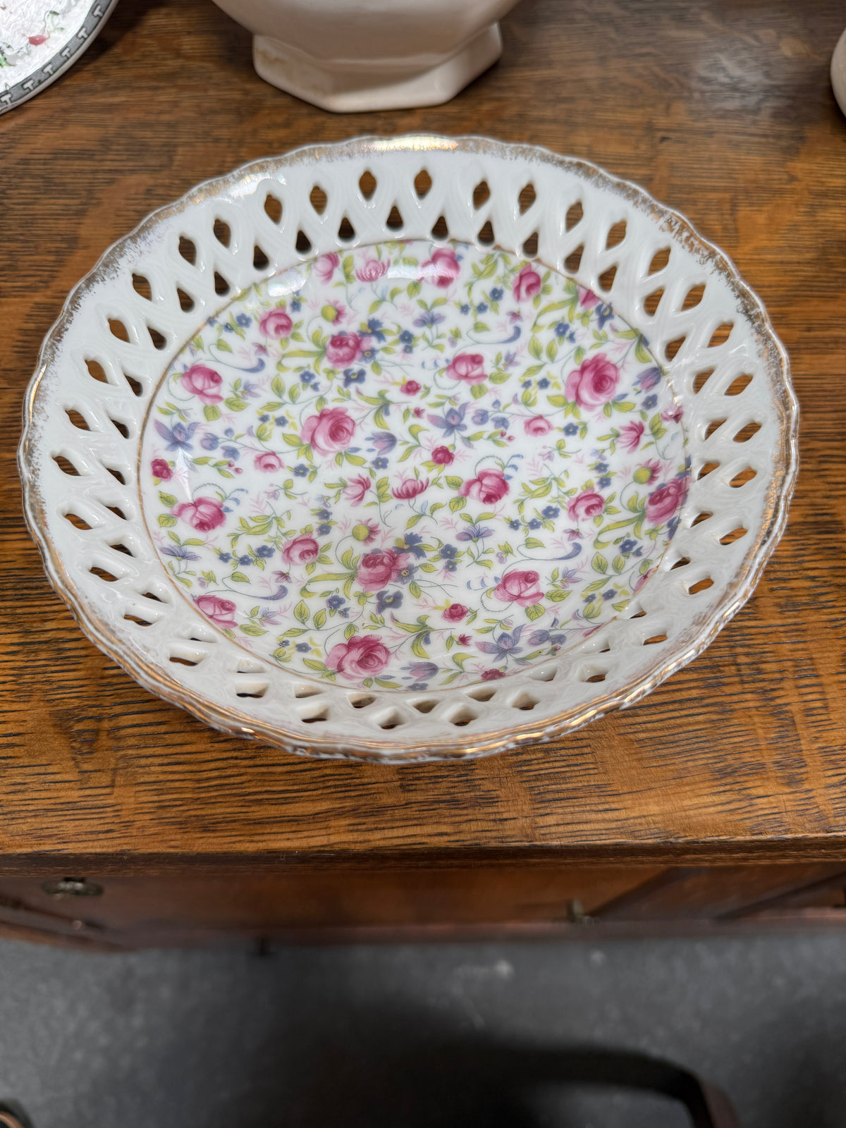 Reticulated Porcelain Bowl, Ribbon-Pierced Border over Chintz Rose Decoration with Gilt Rim, c. 1940–1970
