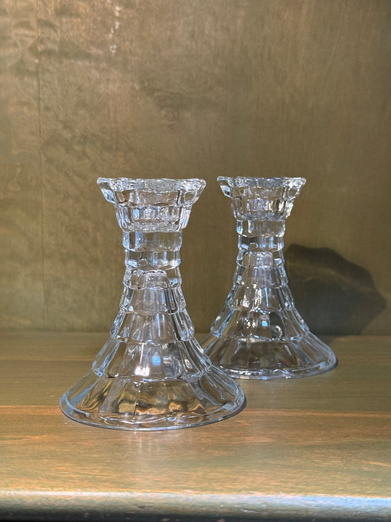 Pair of Pressed Glass Candlesticks, Stepped Tiers with Crown-Notched Socket and Flared Foot, c. 1960–2000