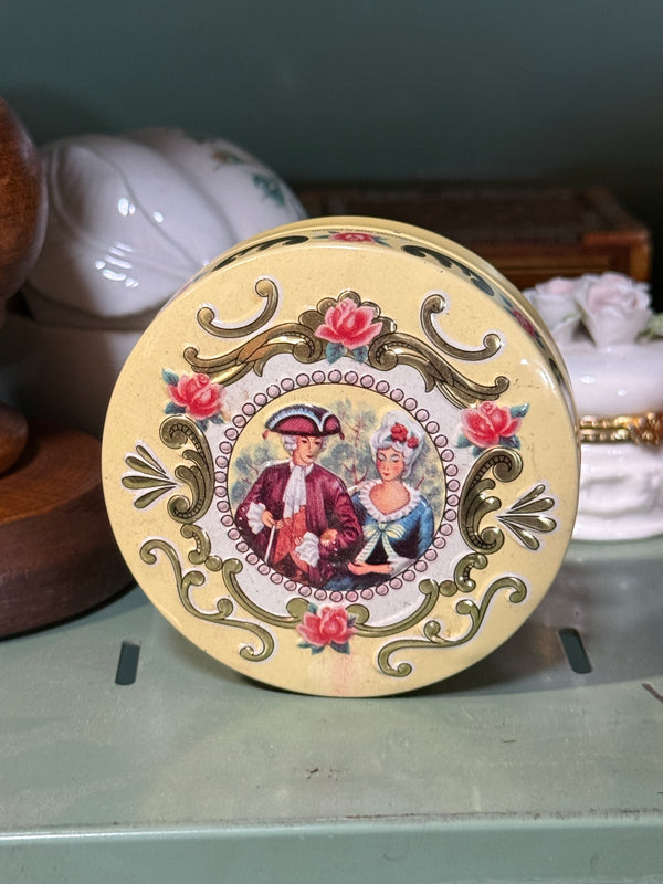 Round English Lithographed Tin with Gilt Rococo Scrollwork, Cabbage Roses and Courting Couple Medallion, c. 1930–1955
