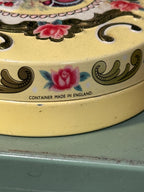 Round English Lithographed Tin with Gilt Rococo Scrollwork, Cabbage Roses and Courting Couple Medallion, c. 1930–1955