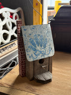 Folk Art Birdhouse in Weathered Barn Wood with Hand-Painted Bluebonnet Roof and Brick Chimney, c. 1930–1975