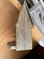 Folk Art Birdhouse in Weathered Barn Wood with Hand-Painted Bluebonnet Roof and Brick Chimney, c. 1930–1975