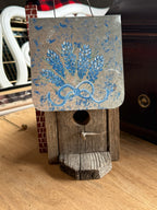 Folk Art Birdhouse in Weathered Barn Wood with Hand-Painted Bluebonnet Roof and Brick Chimney, c. 1930–1975