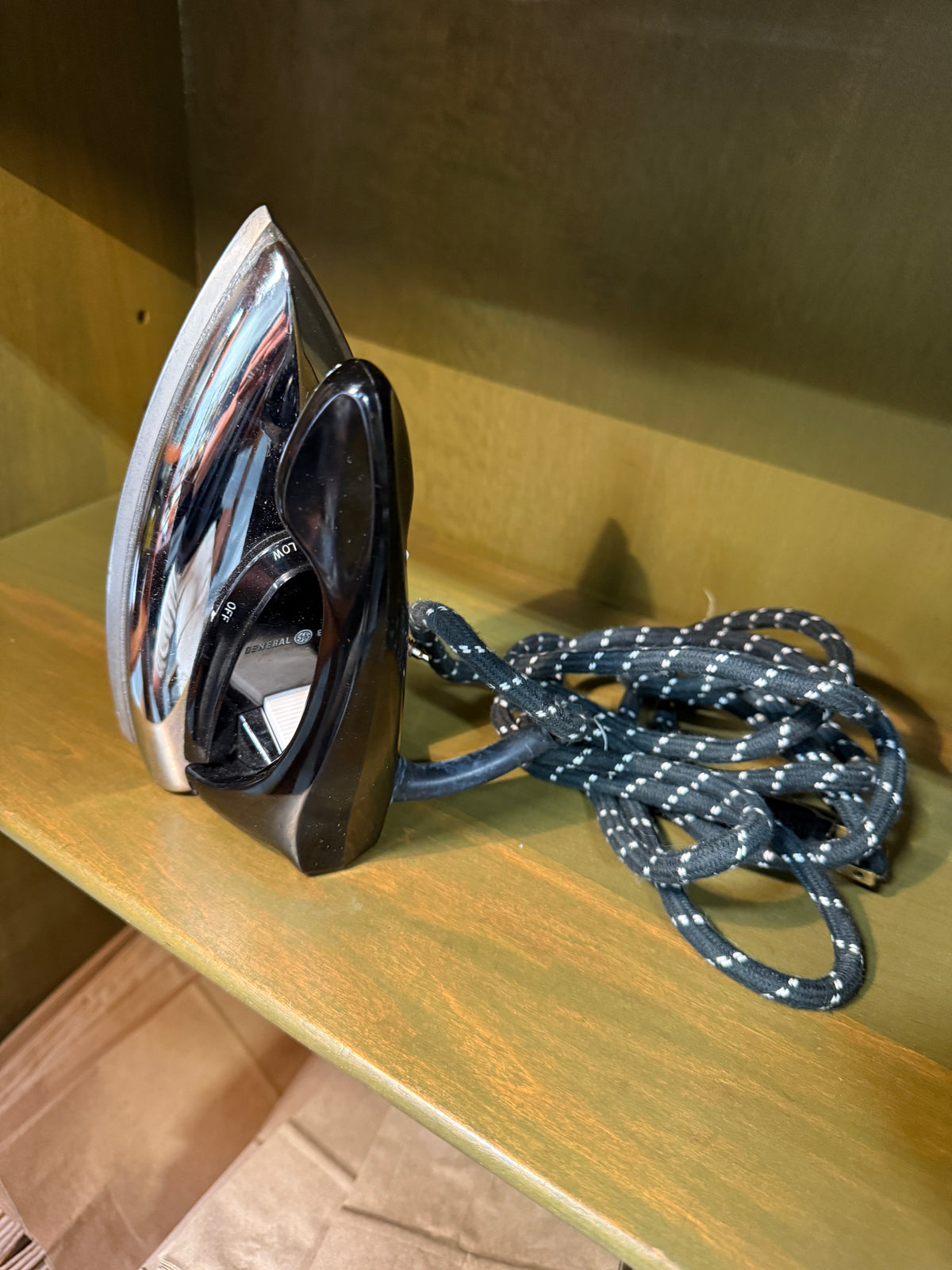 General Electric Model F47 Spray, Steam & Dry Travel Iron in Chrome and Cast Aluminium, Complete with Original Box and Hang Tag, c. 1960–1970
