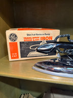 General Electric Model F47 Spray, Steam & Dry Travel Iron in Chrome and Cast Aluminium, Complete with Original Box and Hang Tag, c. 1960–1970