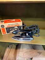 General Electric Model F47 Spray, Steam & Dry Travel Iron in Chrome and Cast Aluminium, Complete with Original Box and Hang Tag, c. 1960–1970