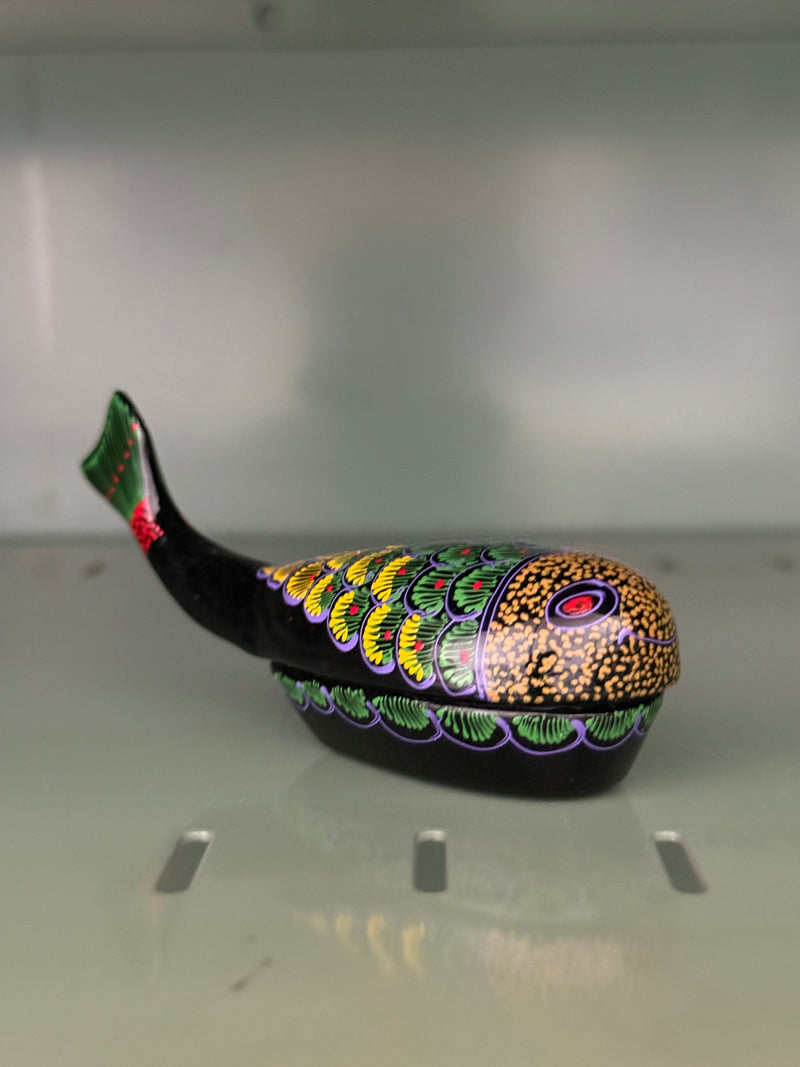 Kashmiri Papier-Mâché Lacquer Trinket Box in the Form of a Fish, Hand-Painted Scales in Gold, Green and Yellow on Black, c. 1970–2010