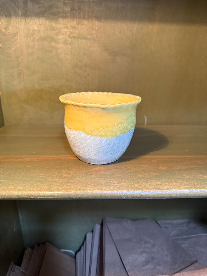 Studio Pottery Cachepot with Hand-Formed Scalloped Collar, Blossom Relief Body under Butter Yellow and Opaline Blue Glazes, Incised Signature, c. 1940–1980