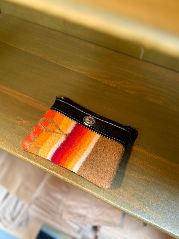 Handmade Zip Pouch in Southwest Banded Blanket Wool with Black Leather and a Silver-Tone Concho, c. 1990–2020