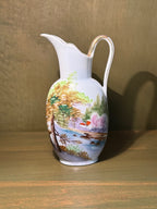 Japanese Hand-Painted Porcelain Ewer, Lakeside Landscape in Autumn with Blossoming Trees, Gilt Rim and Loop Handle, Marked Made in Japan, Carrying an Old Family Label Reading "Aunt Nett", c. 1952–1969