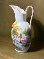 Japanese Hand-Painted Porcelain Ewer, Lakeside Landscape in Autumn with Blossoming Trees, Gilt Rim and Loop Handle, Marked Made in Japan, Carrying an Old Family Label Reading "Aunt Nett", c. 1952–1969