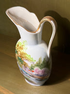 Japanese Hand-Painted Porcelain Ewer, Lakeside Landscape in Autumn with Blossoming Trees, Gilt Rim and Loop Handle, Marked Made in Japan, Carrying an Old Family Label Reading "Aunt Nett", c. 1952–1969