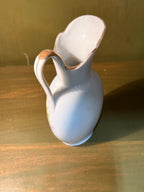 Japanese Hand-Painted Porcelain Ewer, Lakeside Landscape in Autumn with Blossoming Trees, Gilt Rim and Loop Handle, Marked Made in Japan, Carrying an Old Family Label Reading "Aunt Nett", c. 1952–1969