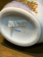 Japanese Hand-Painted Porcelain Ewer, Lakeside Landscape in Autumn with Blossoming Trees, Gilt Rim and Loop Handle, Marked Made in Japan, Carrying an Old Family Label Reading "Aunt Nett", c. 1952–1969