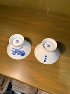 Pair of Kiku-Masamune Sakazuki, Footed Porcelain Sake Cups Printed in Cobalt with a Chrysanthemum Spray, Marked Made in Japan and 菊正宗 — Brewery Cups from a House Brewing Since 1659, c. 1955–1970