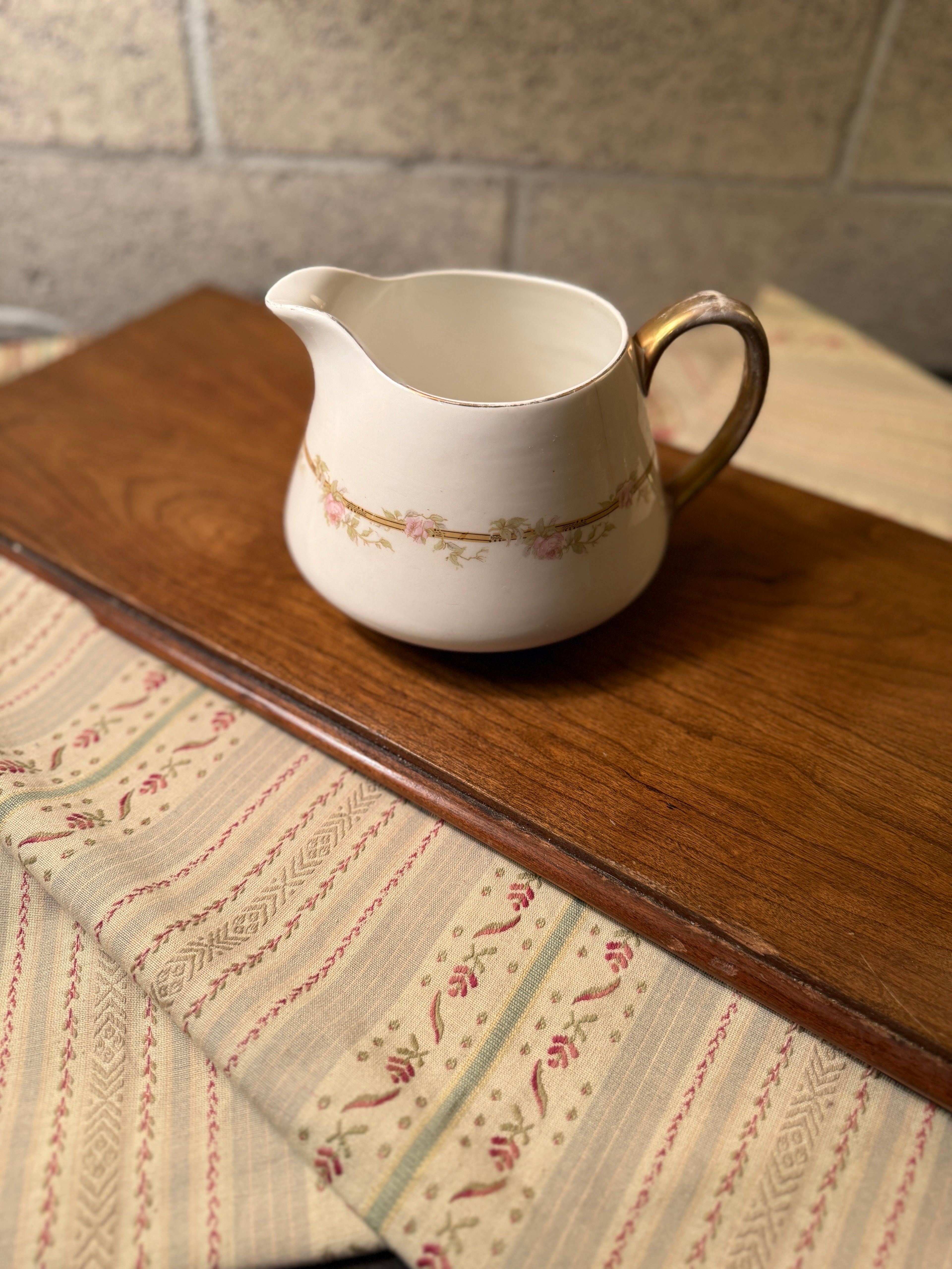 Antique Pope-Gosser Porcelain Creamer with Pink Rose Garland & Gold Gilt, c. 1910–1935