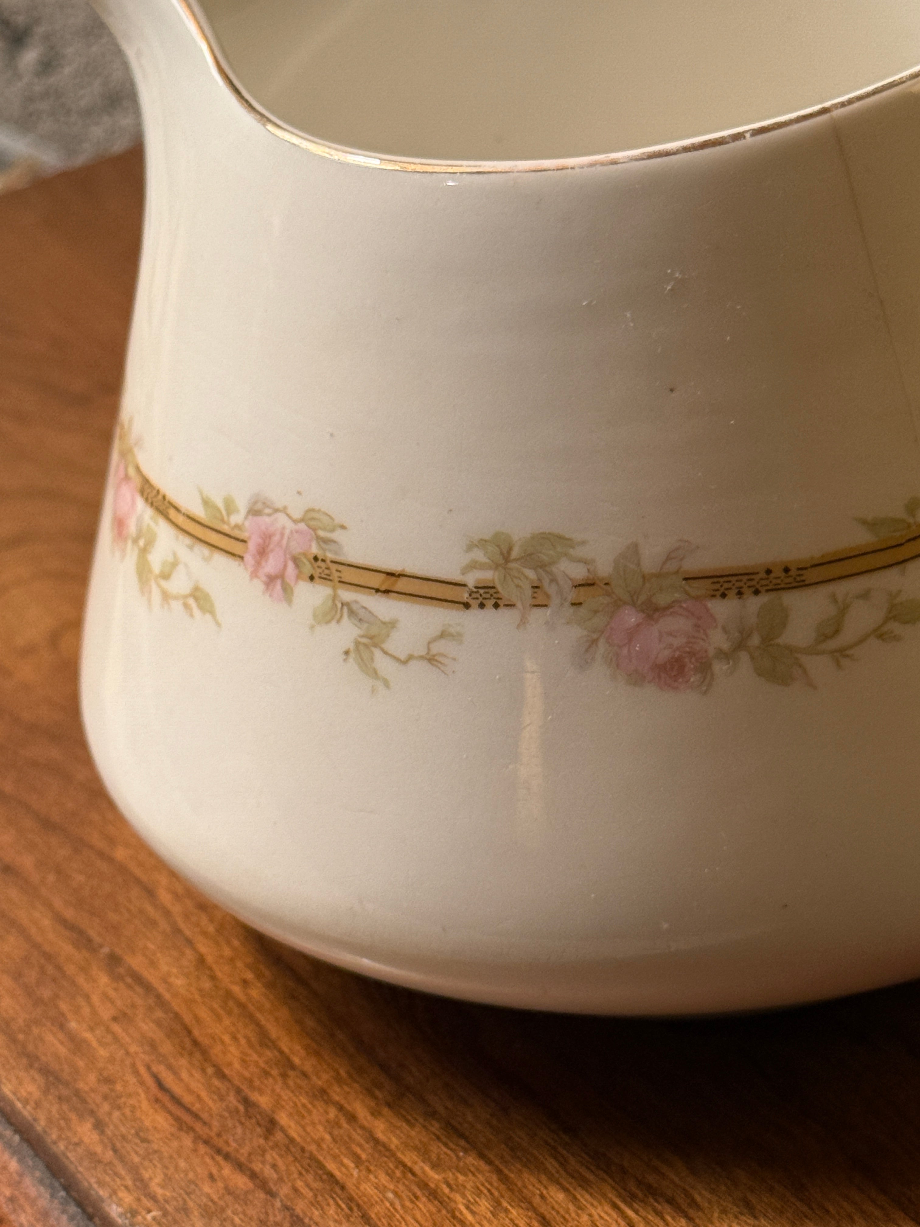 Antique Pope-Gosser Porcelain Creamer with Pink Rose Garland & Gold Gilt, c. 1910–1935