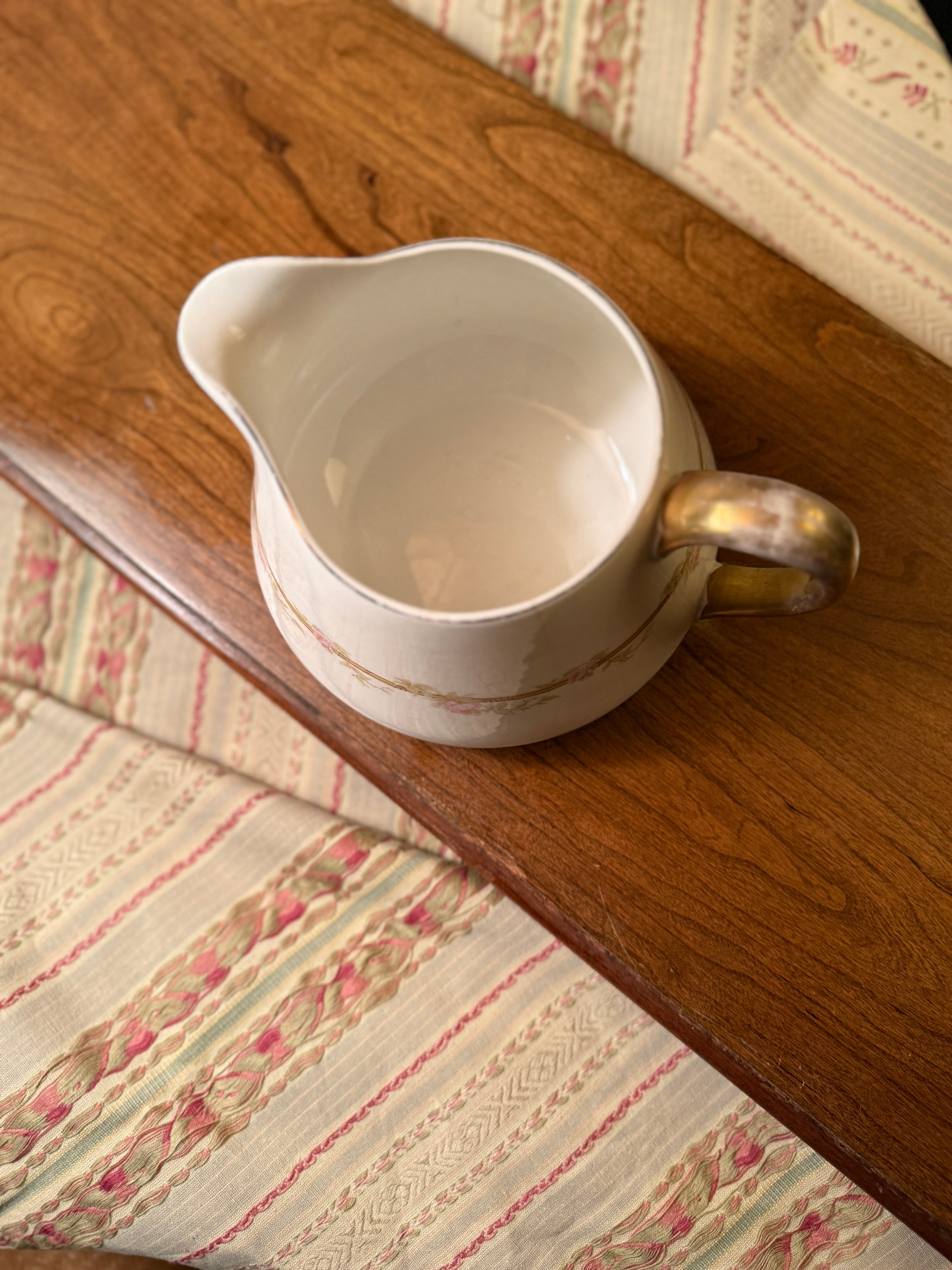 Antique Pope-Gosser Porcelain Creamer with Pink Rose Garland & Gold Gilt, c. 1910–1935