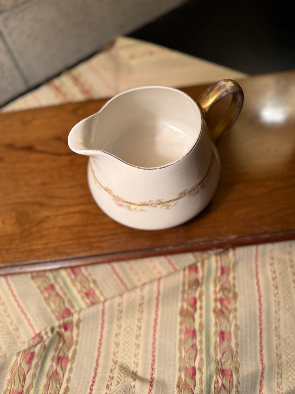 Antique Pope-Gosser Porcelain Creamer with Pink Rose Garland & Gold Gilt, c. 1910–1935