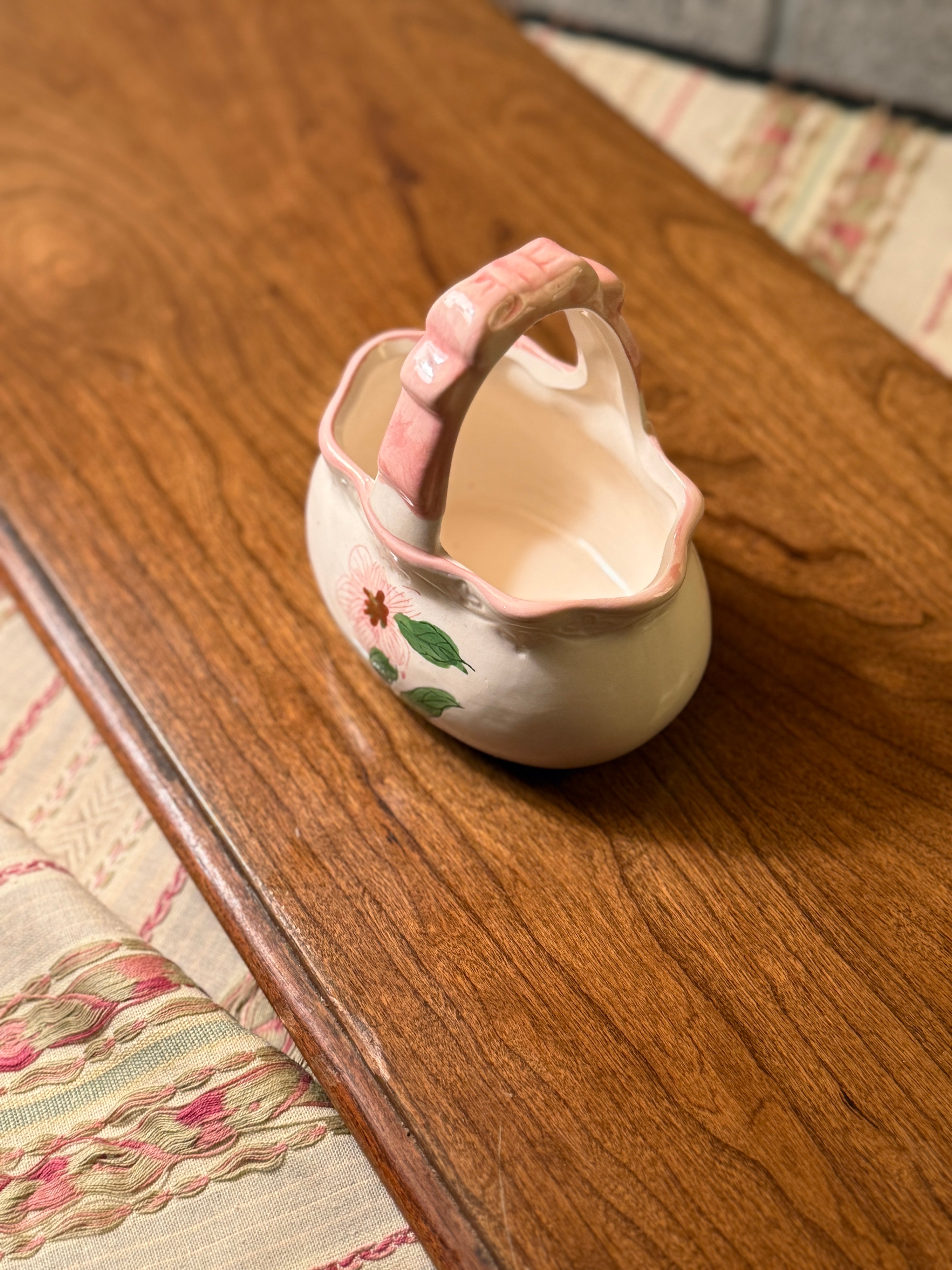 Vintage Mid-Century Hand-Painted Ceramic Basket with Floral Motif