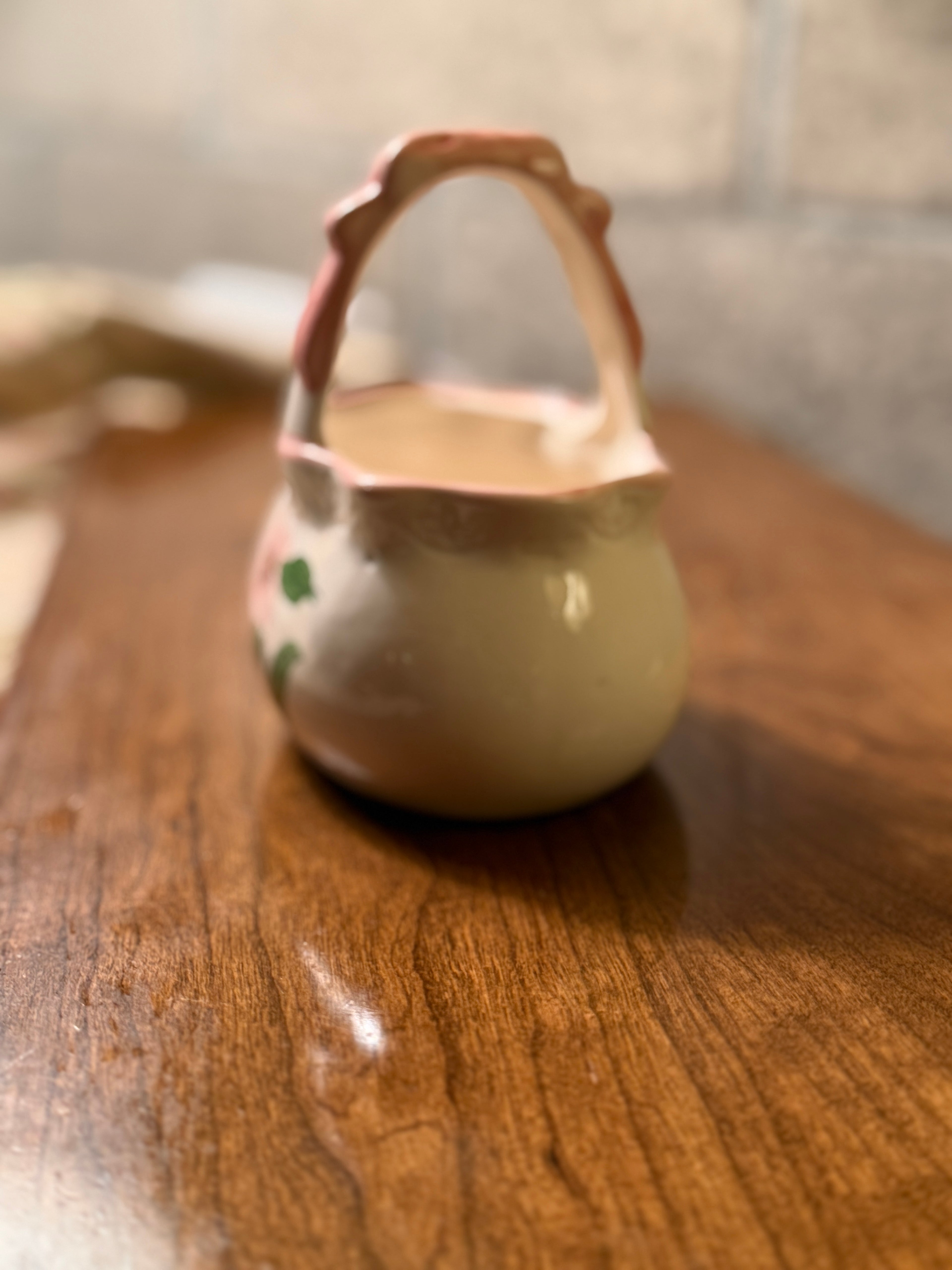 Vintage Mid-Century Hand-Painted Ceramic Basket with Floral Motif