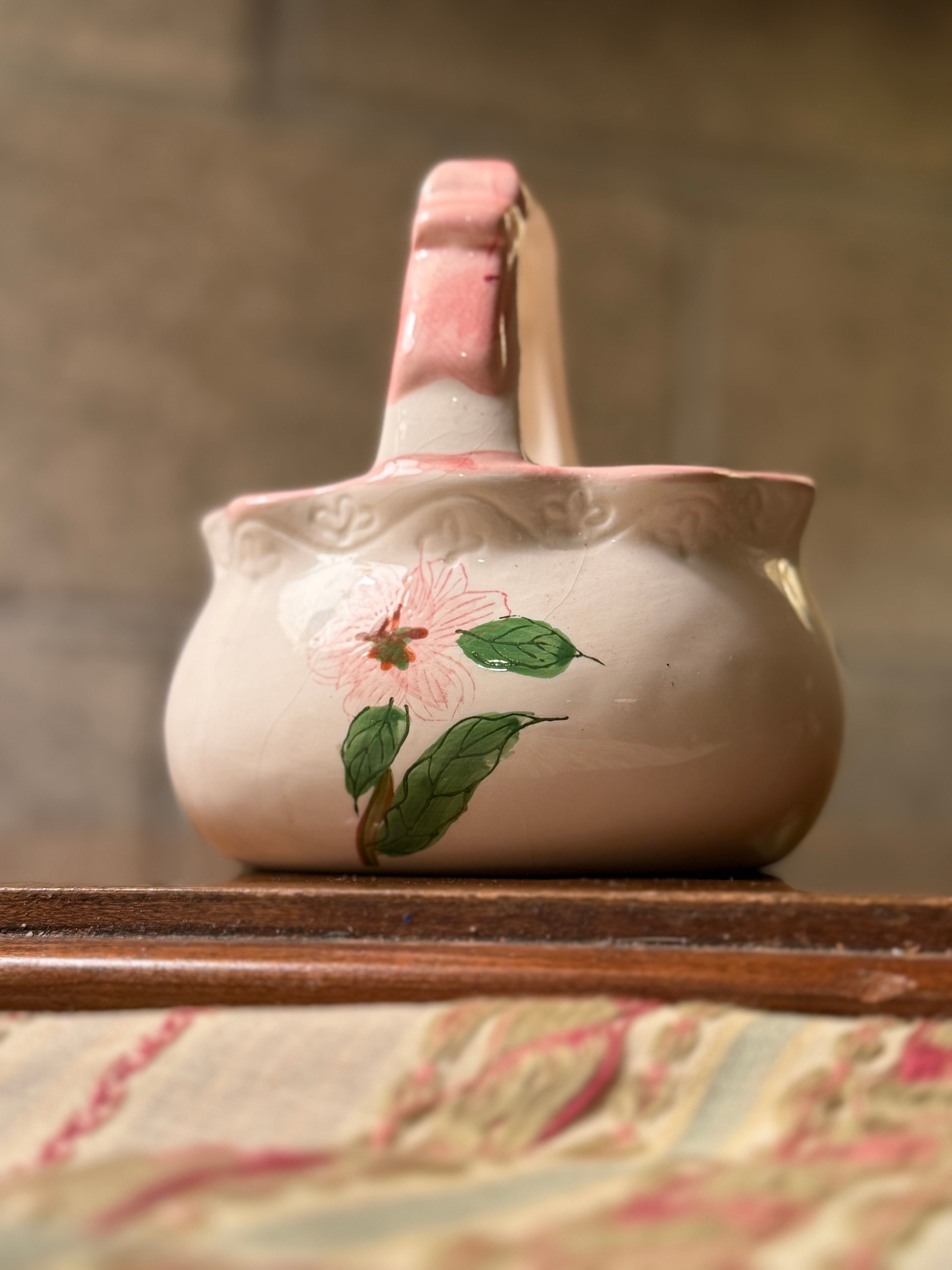 Vintage Mid-Century Hand-Painted Ceramic Basket with Floral Motif