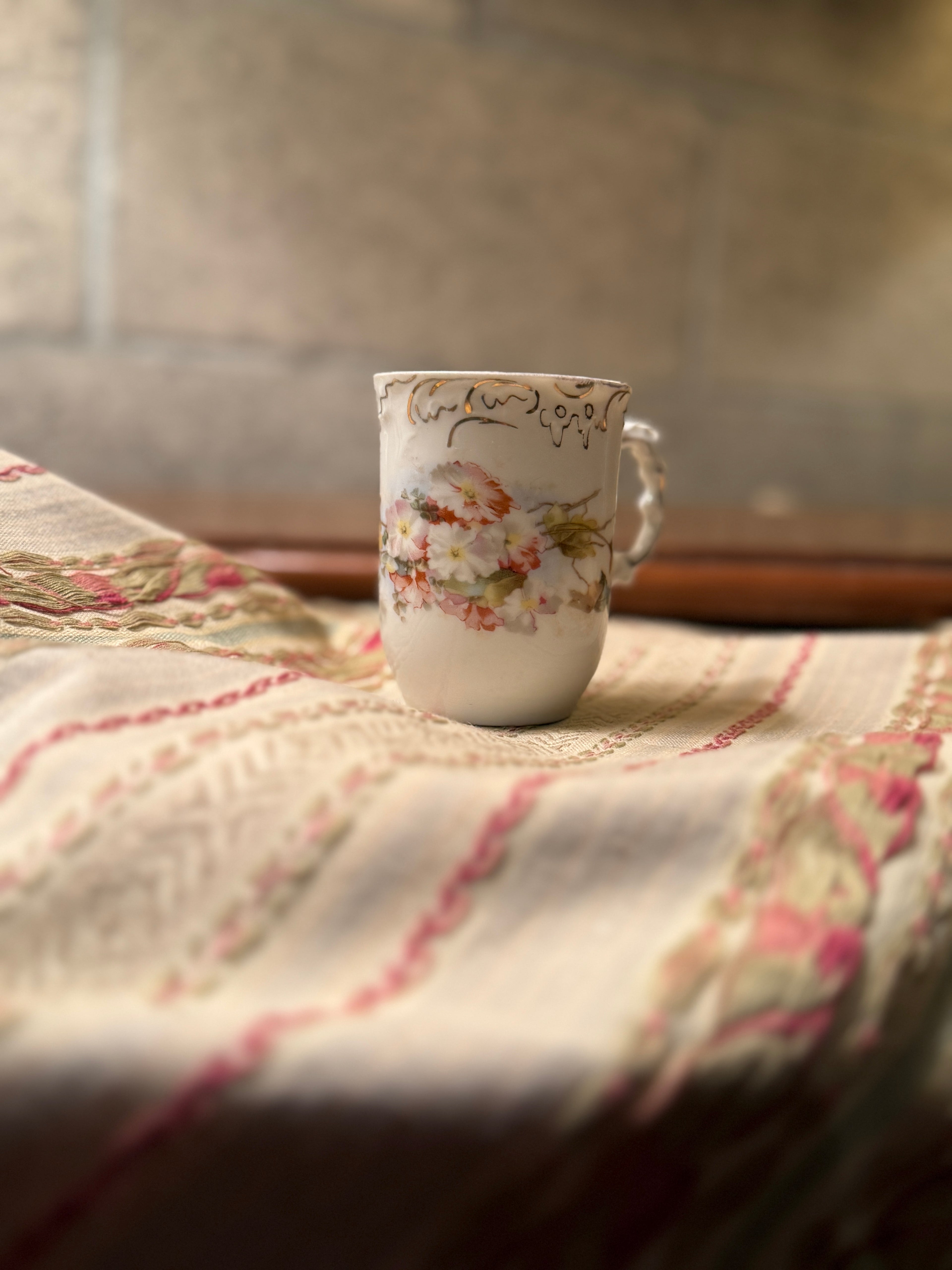 Vintage Floral Porcelain Demitasse Tea Cup with Gilt Rim Early-mid 20th Century