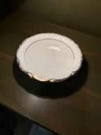Small Gilded Dish with Moulded Scalloped Rim and a Smoky Worn Gold Border, Stamped 22 Karat Gold over a Blue Crest Mark