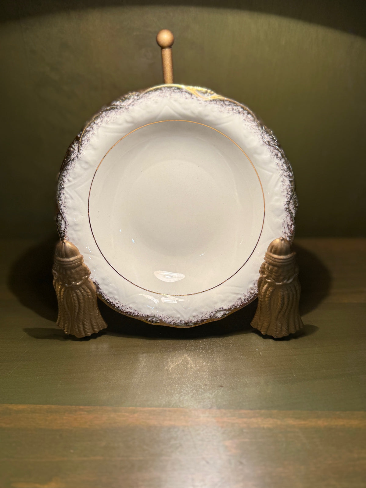 Small Gilded Dish with Moulded Scalloped Rim and a Smoky Worn Gold Border, Stamped 22 Karat Gold over a Blue Crest Mark