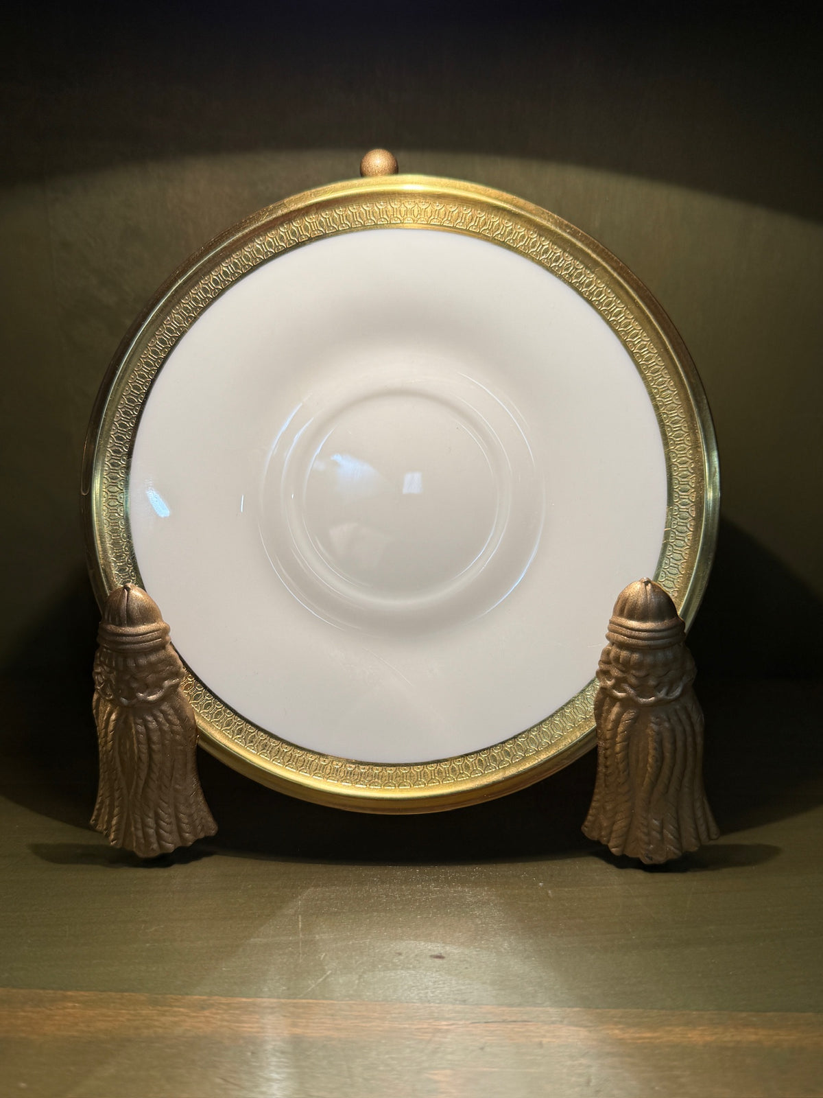 Lenox “Aristocrat” Gold-Encrusted Saucer, Wide Acid-Etched Band on Ivory Porcelain, Gold Wreath Mark, Trenton, New Jersey, 1953 or Later