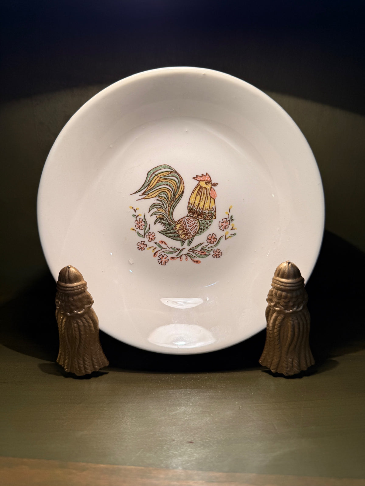 Taylor, Smith & Taylor “Rooster” Coupe Bowl, Stylised Cockerel in Olive, Gold and Rust, Marked Oven Proof and Detergent Safe, Chester, West Virginia