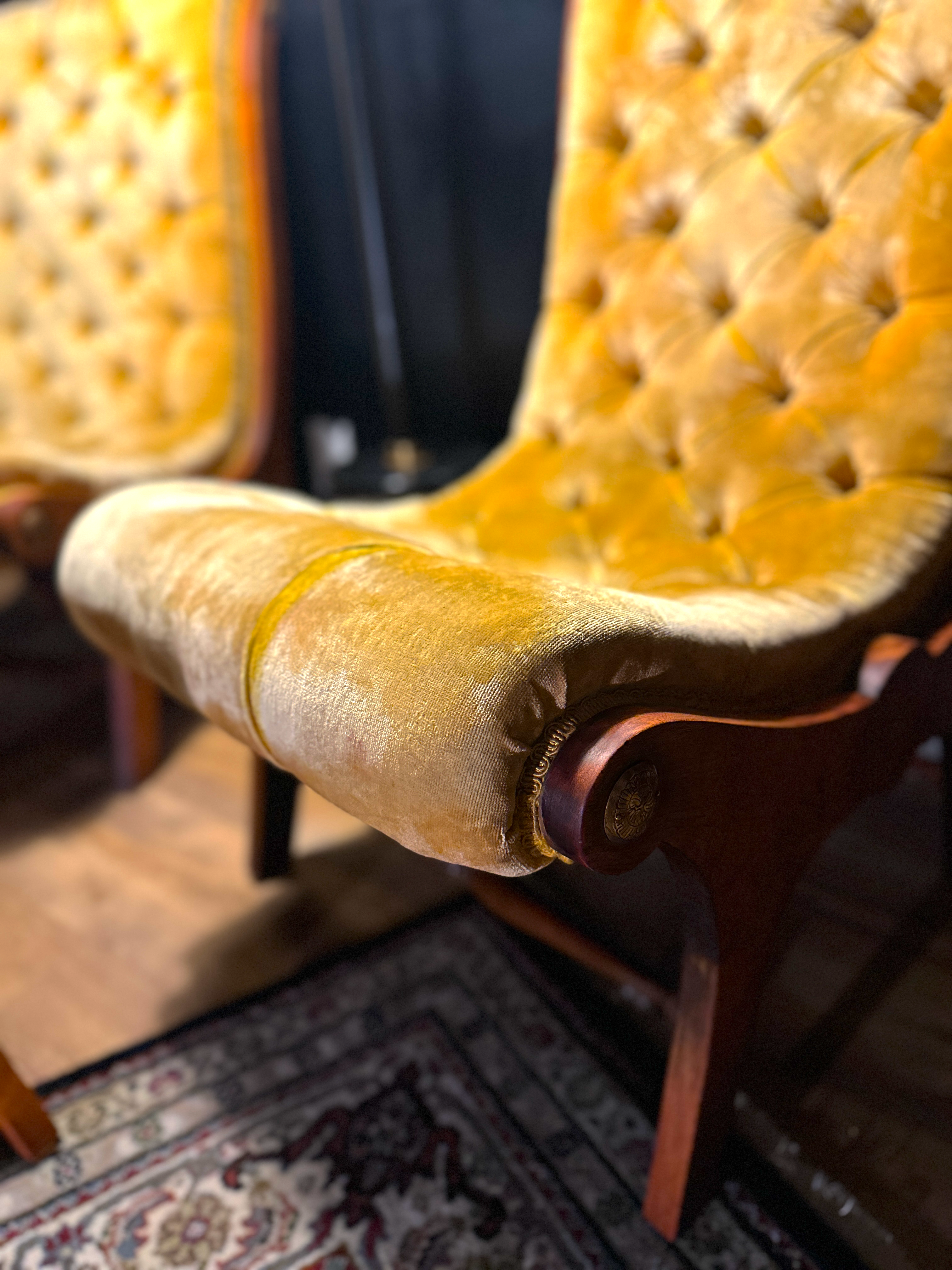 Yellow Victorian Tufted Parlor Chairs with Matching Ottomans, Brass Rosette Arms, c. 1870–1890 (Set of 4 Pieces)