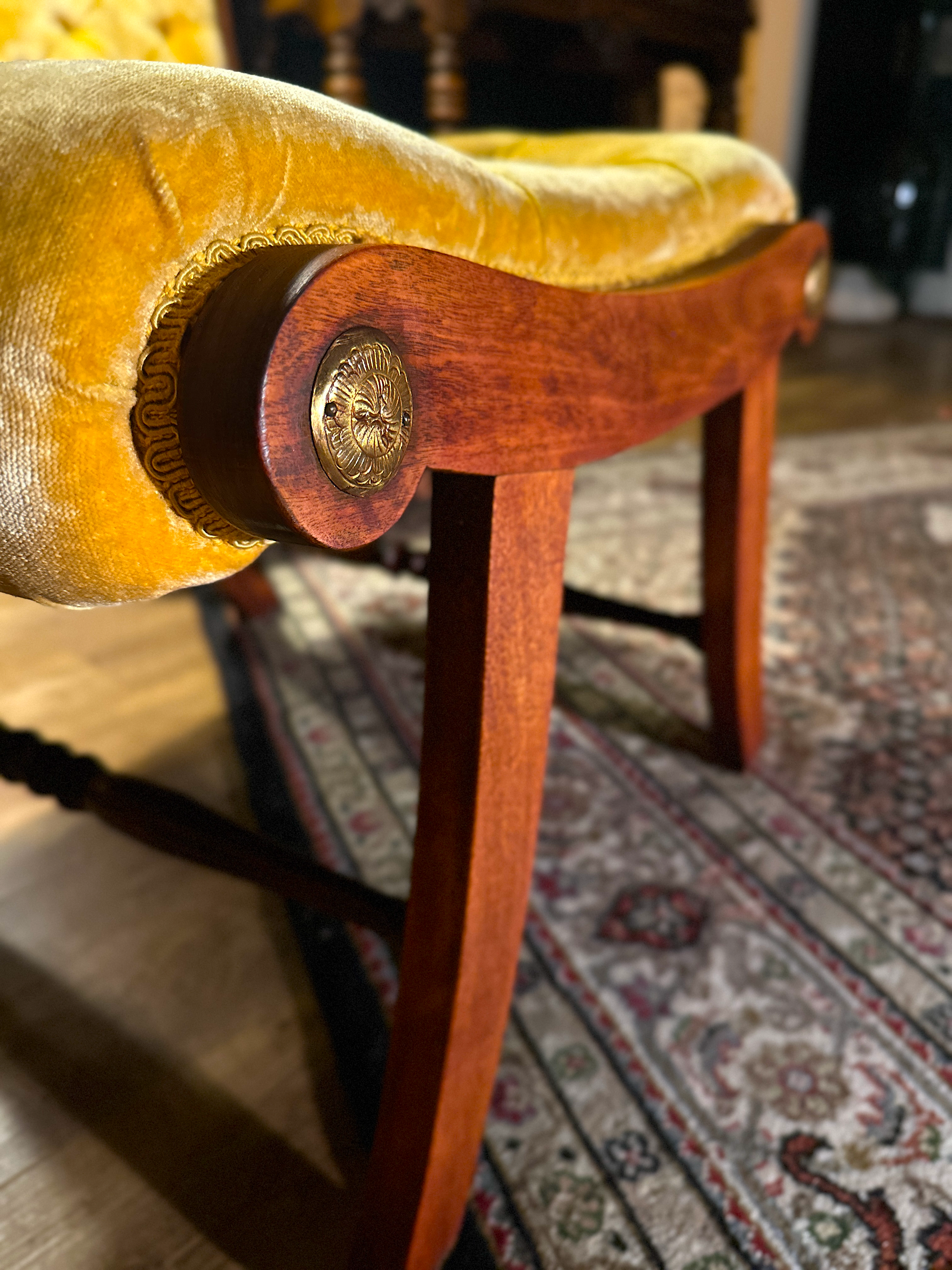 Yellow Victorian Tufted Parlor Chairs with Matching Ottomans, Brass Rosette Arms, c. 1870–1890 (Set of 4 Pieces)