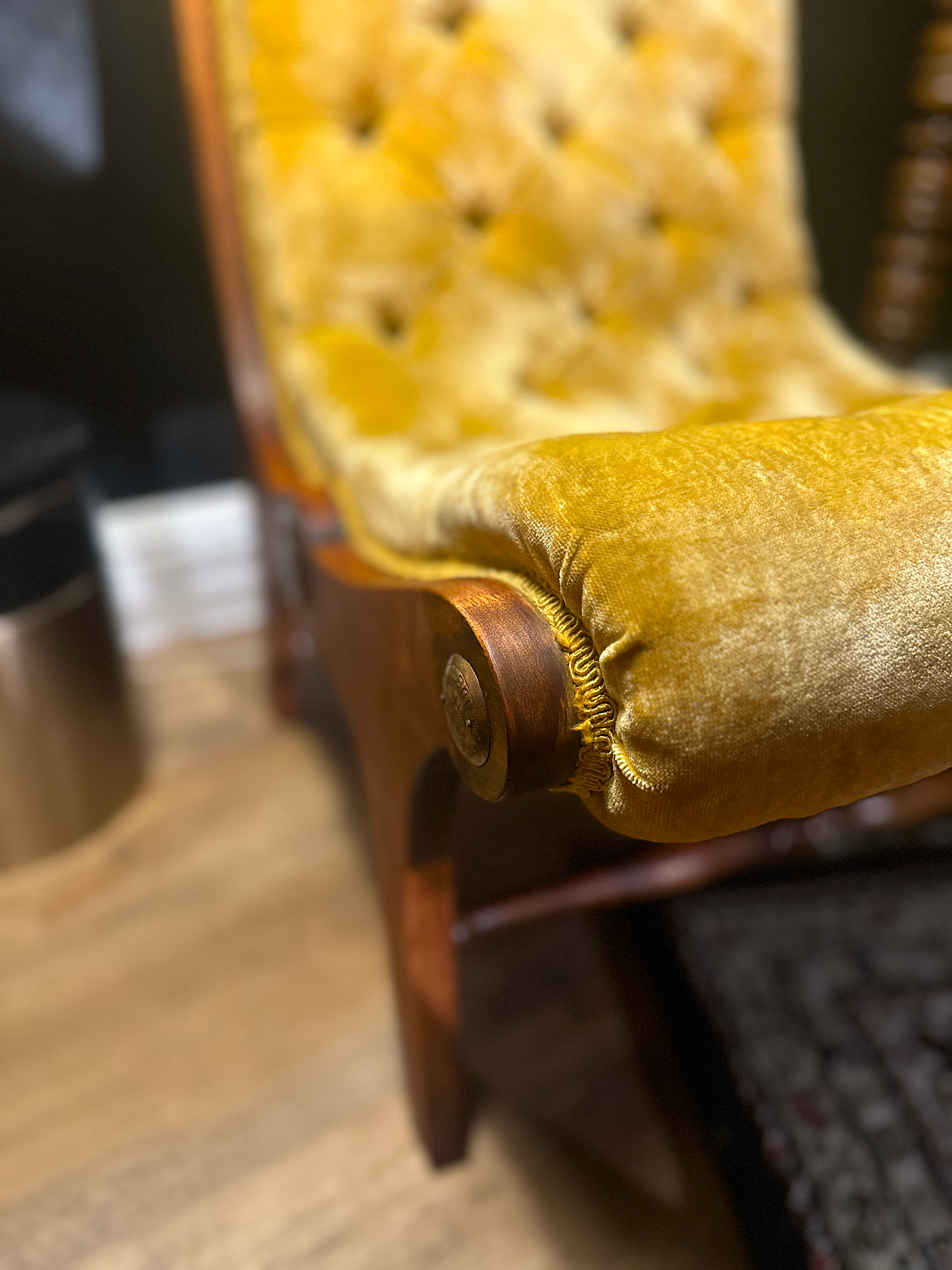 Yellow Victorian Tufted Parlor Chairs with Matching Ottomans, Brass Rosette Arms, c. 1870–1890 (Set of 4 Pieces)