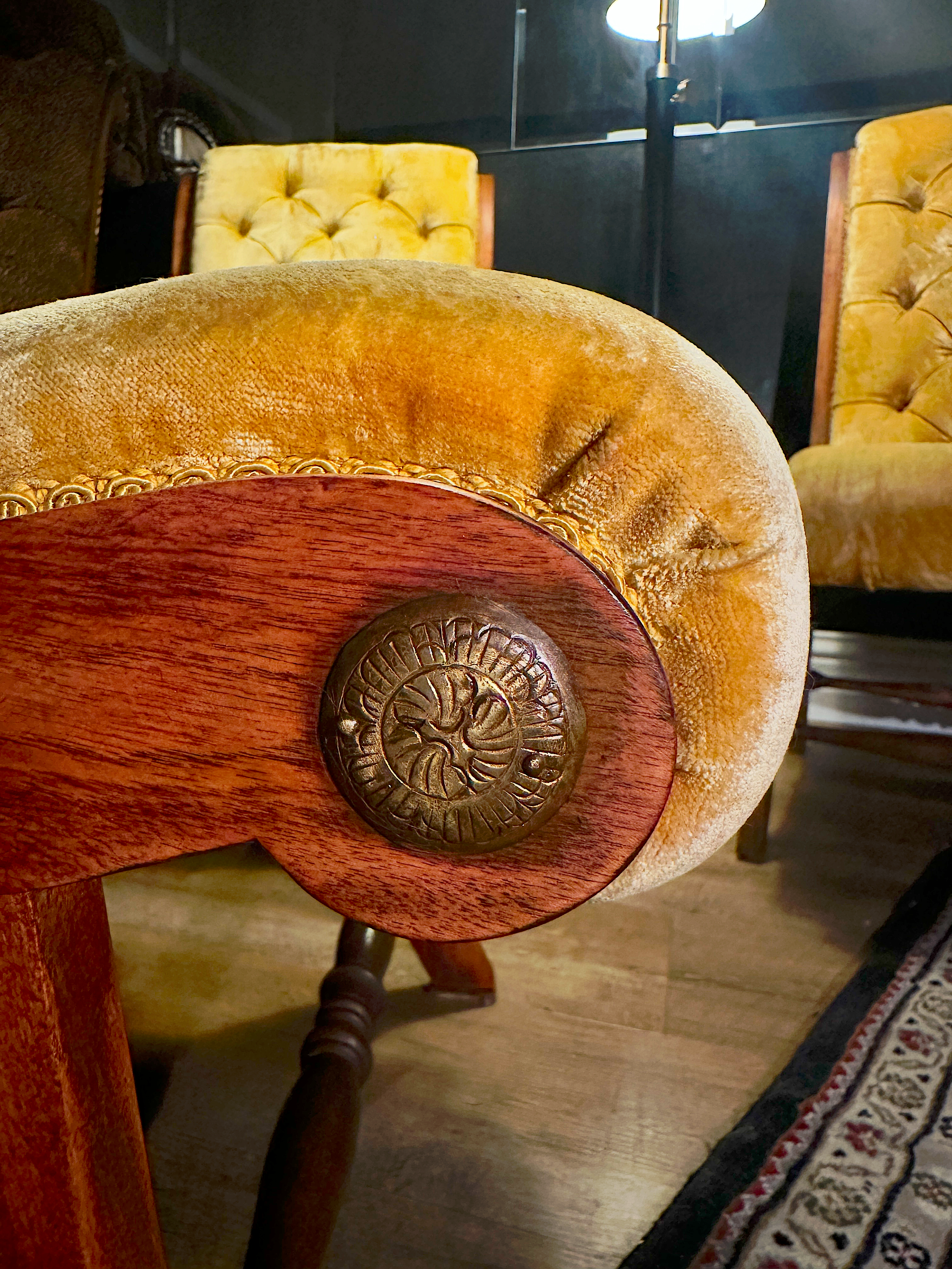 Yellow Victorian Tufted Parlor Chairs with Matching Ottomans, Brass Rosette Arms, c. 1870–1890 (Set of 4 Pieces)