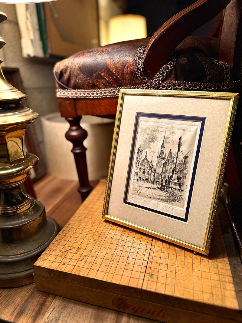 Vintage Munich City Etching, Mariensäule Marienplatz | c. 1920s–1940s