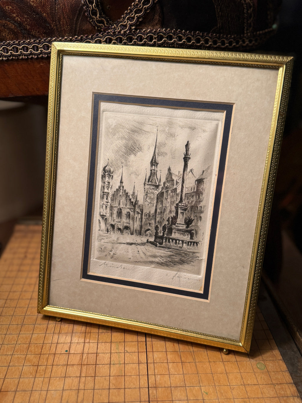 Vintage Munich City Etching, Mariensäule Marienplatz | c. 1920s–1940s