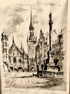 Vintage Munich City Etching, Mariensäule Marienplatz | c. 1920s–1940s
