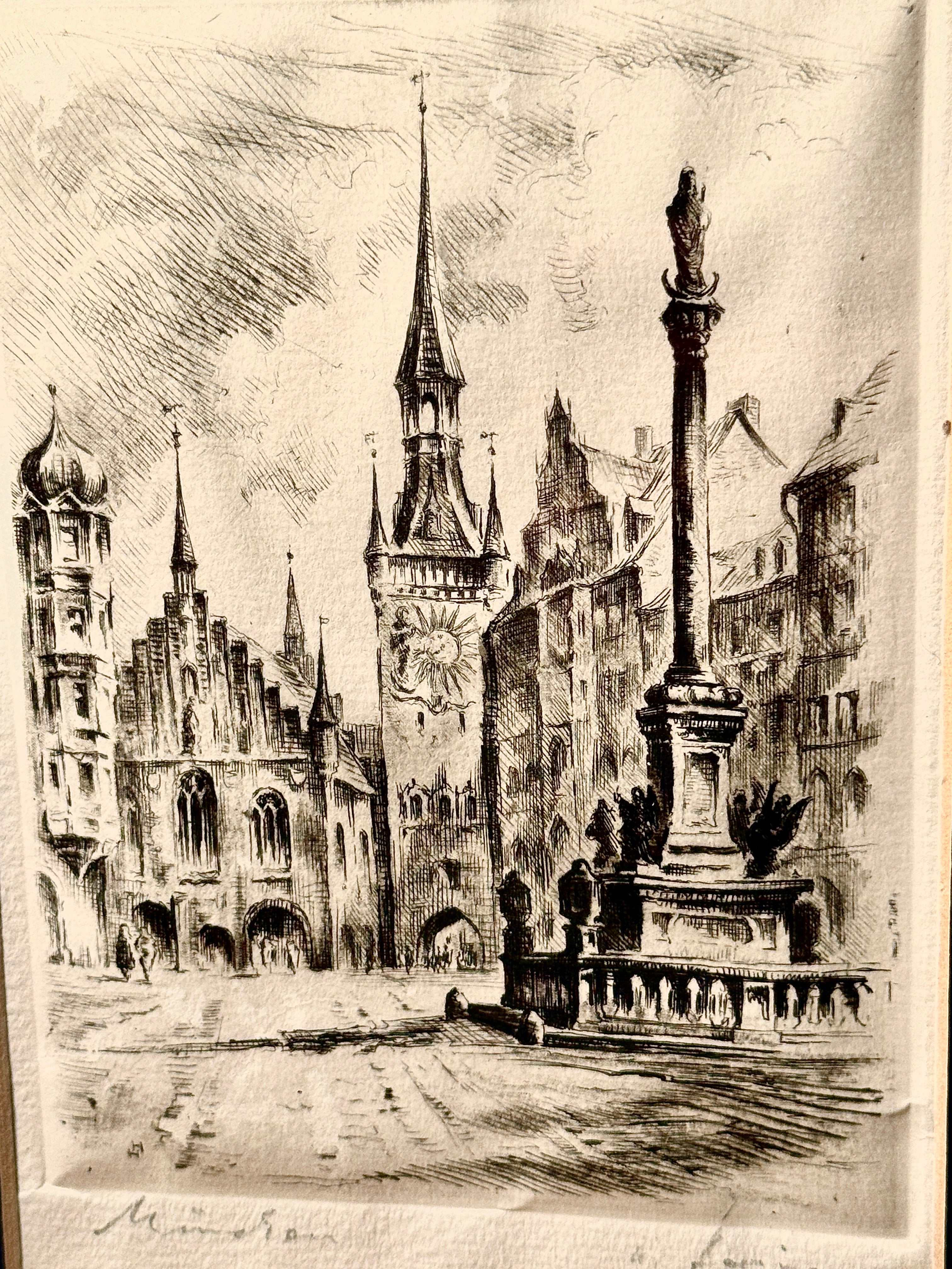 Vintage Munich City Etching, Mariensäule Marienplatz | c. 1920s–1940s