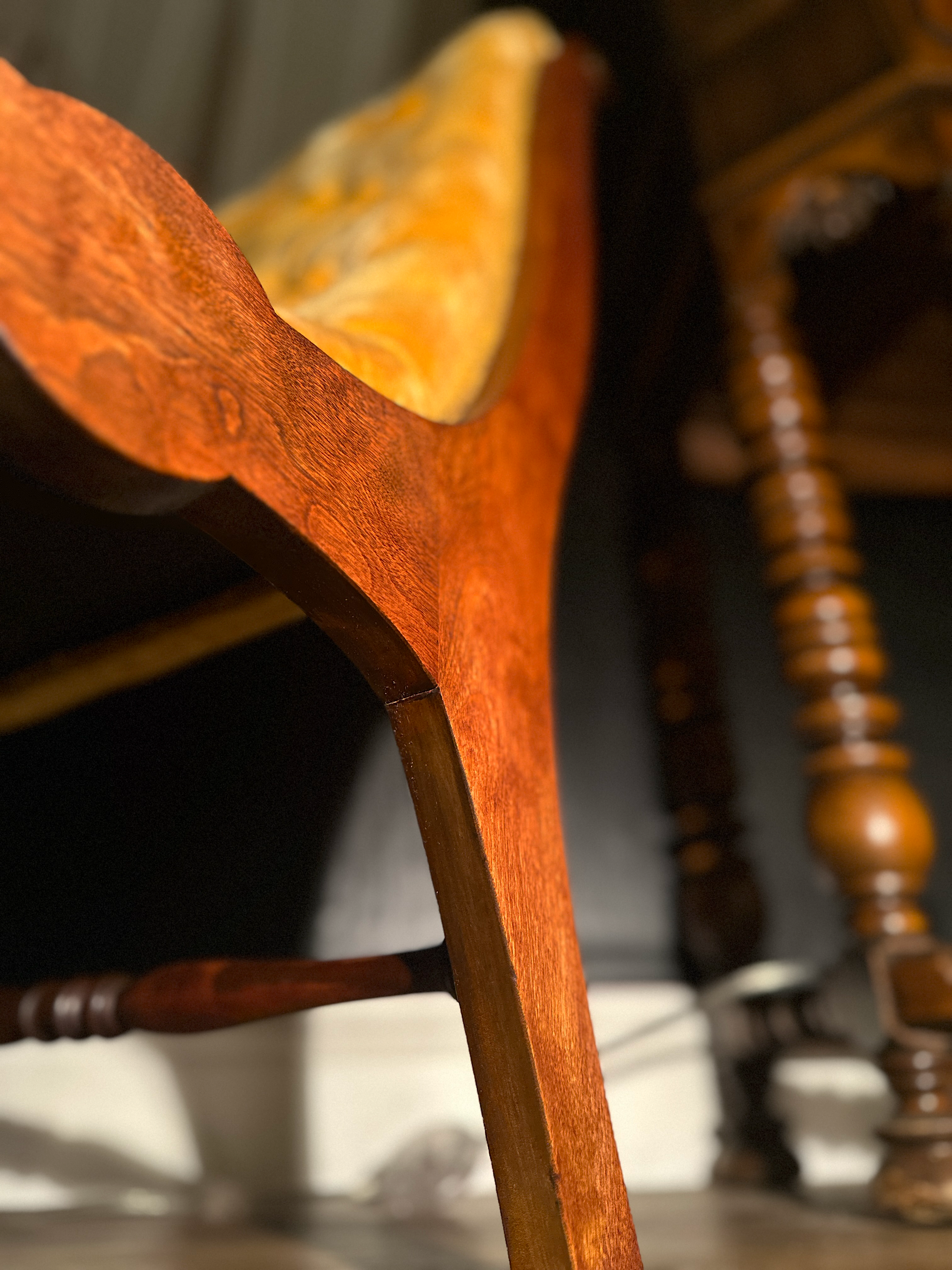 Yellow Victorian Tufted Parlor Chairs with Matching Ottomans, Brass Rosette Arms, c. 1870–1890 (Set of 4 Pieces)